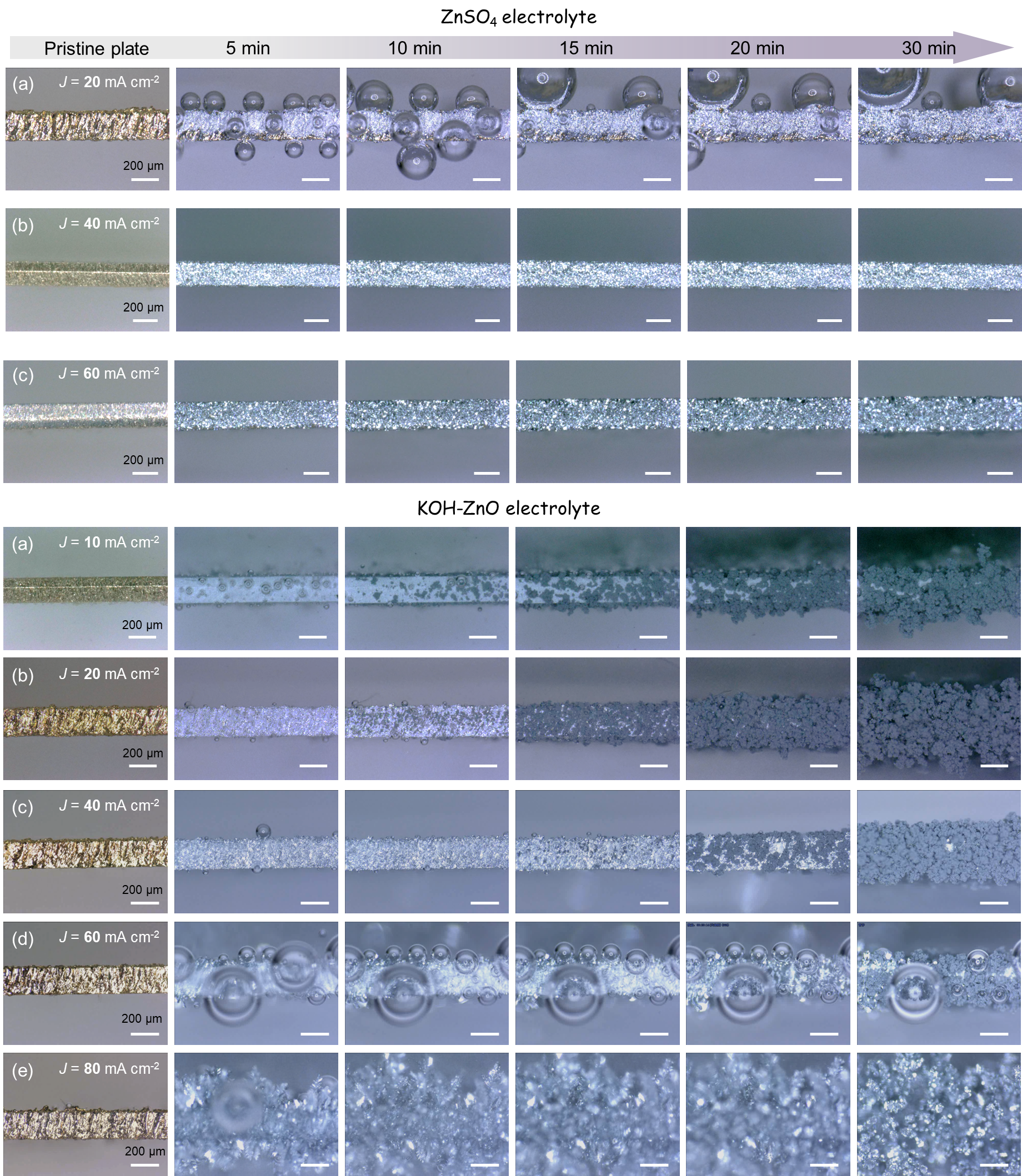 Operando microscopy of zinc electrodeposition at different current densities